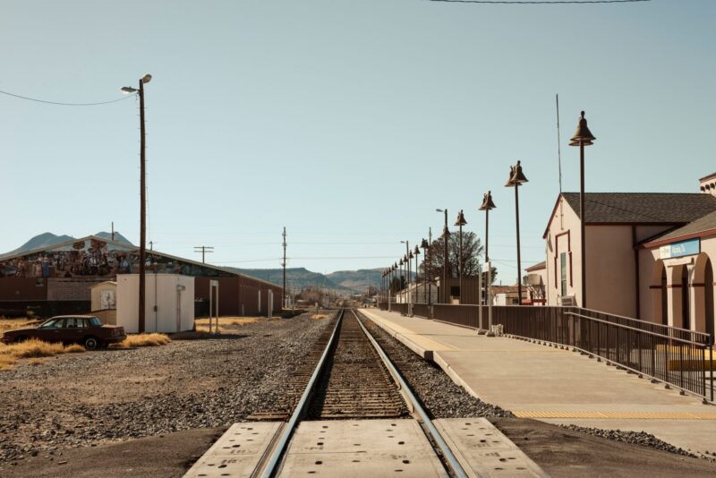 Railway lines lead west out of town in Marathon, Texas.